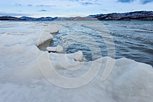 Shore ice sheet Lake Laberge Yukon Territory Canada