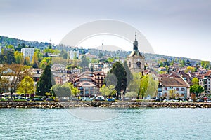 Shore of Lake Geneva in Evian-les-Bains city in France