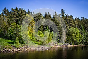 The shore of the lake and the old boat