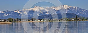 Shore of lake Zurichsee and snow capped mountain Grosser Speer photo