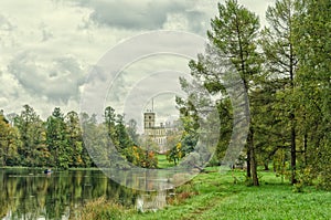 The shore of the Silver lake and the Great Palace in Gatchina.