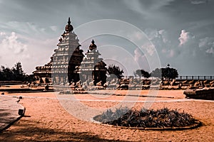 Shore temple built by Pallavas is UNESCOs World Heritage Site located at Mamallapuram or Mahabalipuram in Tamil Nadu, South India