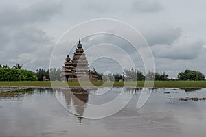 Shore temple in Mahabalipuram, South India on cloudy day