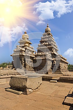 Shore temple at sunset in Mamallapuram, Tamil Nadu, India