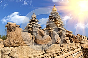 Shore temple at sunset in Mamallapuram, Tamil Nadu, India