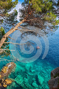 Shoreline and Adriatic sea scenic landscape on the coast path to Petrovac