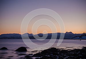 Shoreline of Fjords, taken at Bakkejord, near Tromso Norway March 2019