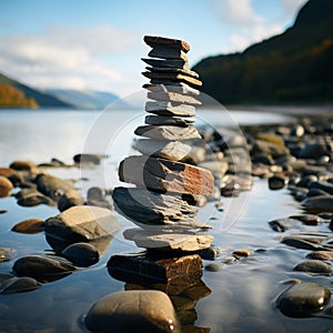 Shoreline homage Stacked stones create a pyramid on the coastal edge, overlooking waves