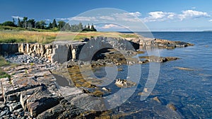 A shoreline with jagged cliffs and smooth rounded rocks evidence of the powerful forces of weathering and erosion at