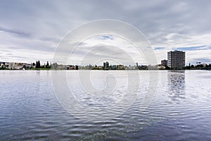 The Shoreline of Lake Merritt on a cloudy day, Oakland, San Francisco bay area, California