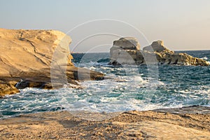 Shoreline of Sarakiniko beach in the morning sunrise, Milos