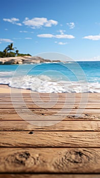 Shoreline stage Blurred beach forms backdrop for wooden decks versatile product displays