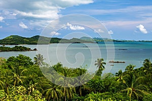 Shores and islands panorama from the top of the hills of Paniman, Caramoan, Camarines Sur Province, Luzon, Philippines