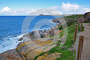 Shores with large boulders & rocks on Granite Island, Victor Harbor, South Australia looking at Great Australian Bight