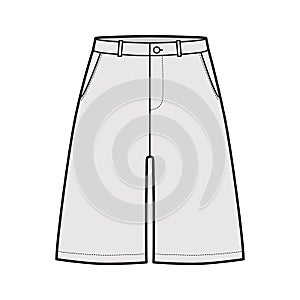 Short baggy Bermudas dress pants technical fashion illustration with above-the-knee length, low waist, slashed pocket