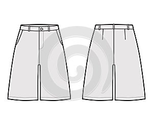 Short baggy Bermudas dress pants technical fashion illustration with above-the-knee length, low waist, slashed pocket