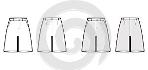 Short baggy Bermudas dress pants technical fashion illustration with above-the-knee length, low waist, slashed pocket