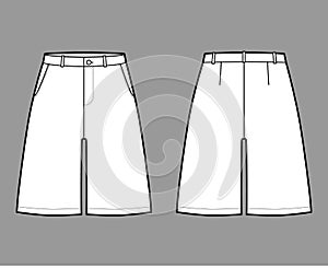 Short baggy Bermudas dress pants technical fashion illustration with above-the-knee length, low waist, slashed pocket