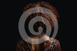 Short Brown Afro Curls , Rear View On Black Background. Generative AI