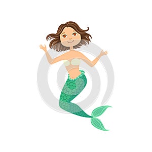 Short Brown Hair Mermaid In White Swimsuit Top Bra Fairy-Tale Fantastic Creature Illustration