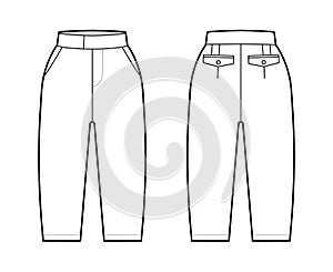 Short capri pants technical fashion illustration with knee length, normal waist, slashed pocket, extended waistband