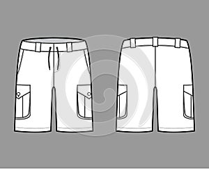 Short cargo technical fashion illustration with mid-thigh length, low waist, rise, slashed, bellows pocket. Flat Bermuda