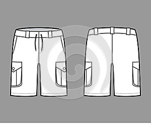 Short cargo technical fashion illustration with mid-thigh length, low waist, rise, slashed, bellows pocket. Flat Bermuda photo