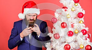Short christmas wishes. Manager congratulate colleagues online. Read christmas greeting. Man bearded hipster wear formal