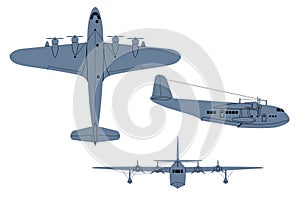 Short Empire Flying Boat Aircraft 1936. Top, Side, Front View. Vintage airplane.