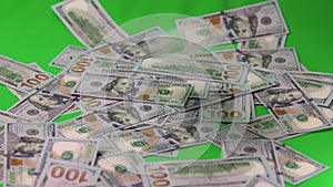 Short film showing dollar`s banknotes falling on green background. Economy cash money concept.
