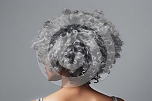 Short Gray Afro Curls , Rear View On Gray Background. Generative AI