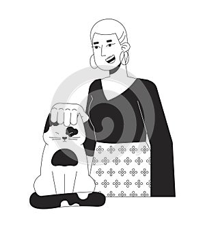 Short haired caucasian woman petting cat head black and white 2D line cartoon character