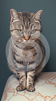 Short haired tabby cat poses arrogantly, a funny and cute portrait