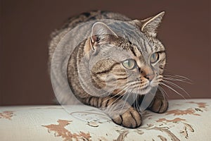 Short haired tabby cat poses arrogantly, a funny and cute portrait