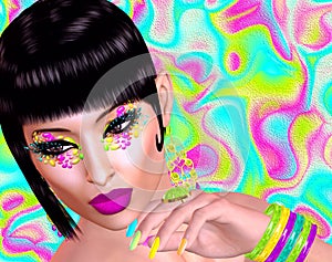 Short hairstyle,colorful fashion makeup,eye shadow and long eyelashes