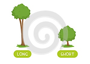 Short and long antonyms word card flat vector template.