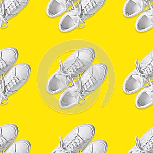 Short low brigt  white sneakers. Seamless pattern.