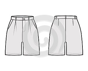 Short pants technical fashion illustration with mid-thigh length, single pleat, normal waist, high rise, slashed pocket.