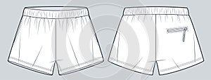 Short Pants technical fashion illustration. Shorts fashion flat technical drawing template, pocket, elastic waist, front and back