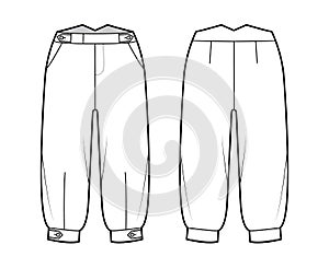 Short plus fours pants technical fashion illustration with tab, knee length, normal waist, rise, slashed pocket. Flat photo