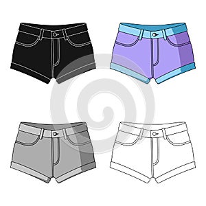 Short purple women`s shorts with a blue rubber band. Shorts for sports in the summer on the street.Women clothing single