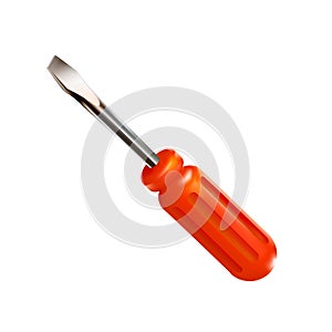 Short red professional realistic slotted screwdriver with a plastic handle. Isometric 3d construction tool isolated on white