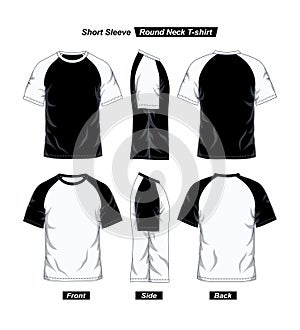 Raglan Round Neck T-Shirt Template, Short Sleeve, Black White, Front, Side And Back View