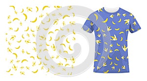 Short sleeved cotton sports t shirt decorated Ripe peeled yellow banana with bitten off part of fruit seamless pattern.