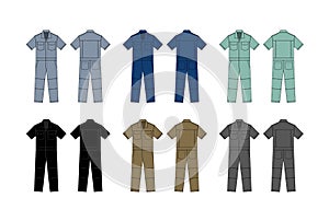 Short sleeves working overalls  Jumpsuit, Boilersuit  template vector illustration set