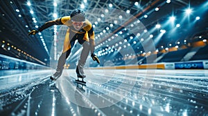 Short Track athlete slide in professional ice arena