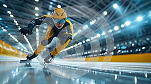 Short Track athlete slide in professional ice arena