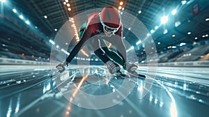 Short Track athlete slide in professional ice arena