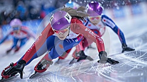 Short Track athlete slide in professional ice arena