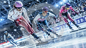 Short Track athlete slide in professional ice arena